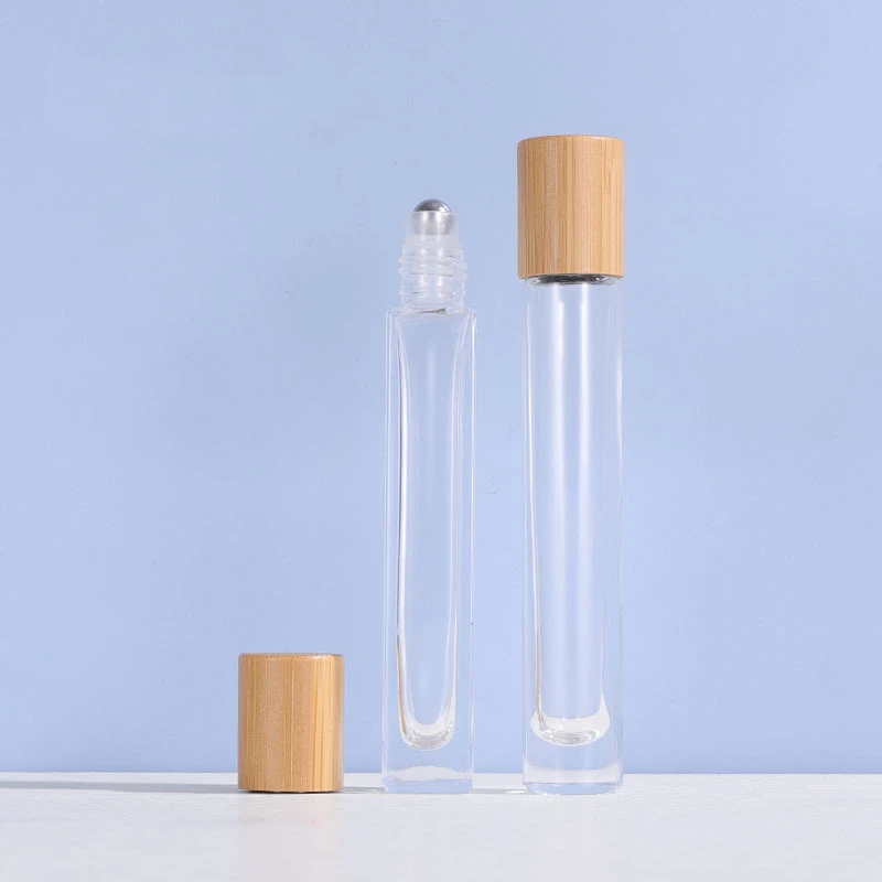 

Wholesale square 10 ml perfume essential oil roll on glass bottle with bamboo cap