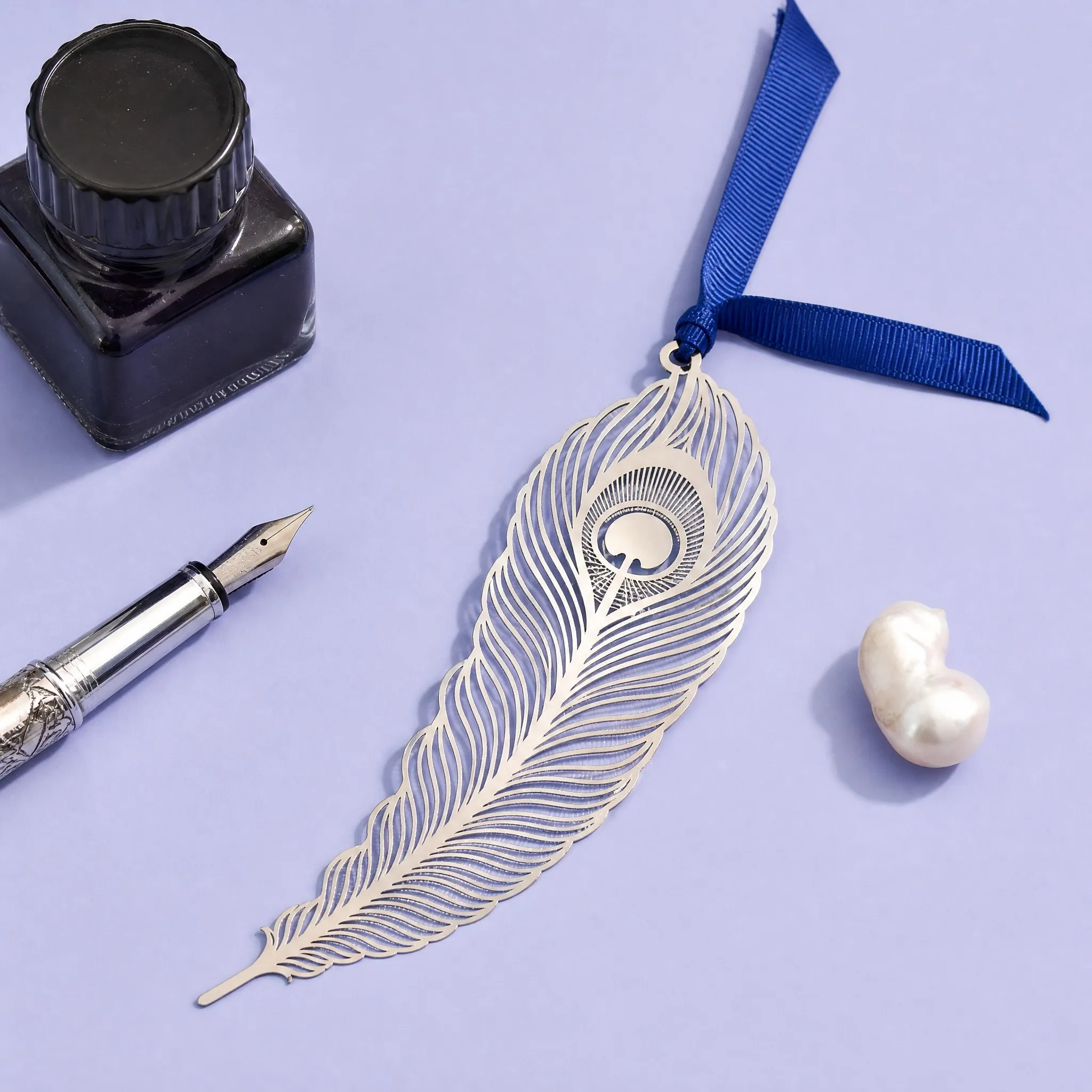Custom Silver Peacock Quill Feather Hollow Cutout Filigree Bookmark with Royal Blue Satin Ribbon