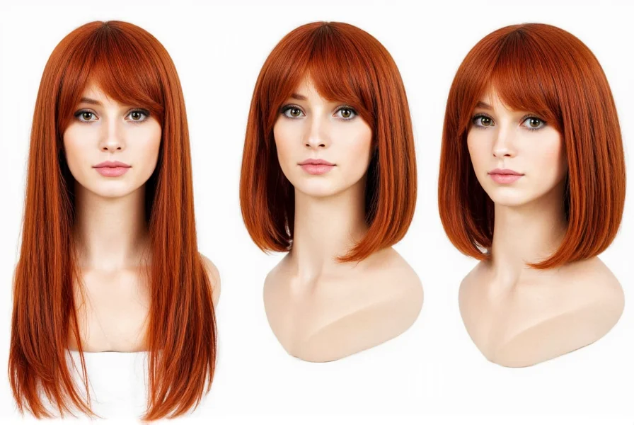 Side-by-side comparison of different ginger wig shades on various skin tones demonstrating versatility