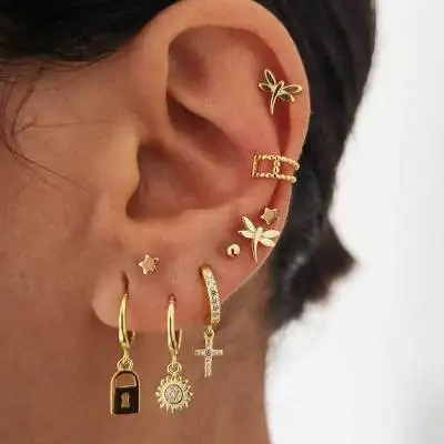 

2022 Latest Women Fashion 8pcs Set Circle Cuff Earrings 18K Gold Plating Lightning Cross Dangle Stud Earrings Set