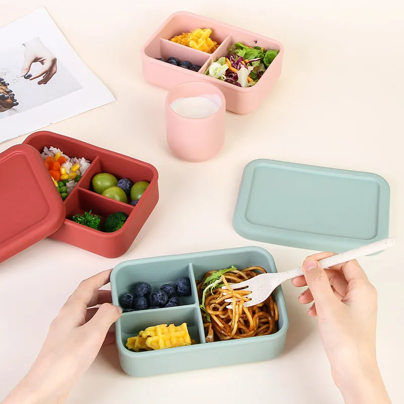 

3 Compartment Bento Snack Food Container LeakProof School Children Kid Foldable Silicone Lunch Box For Kids