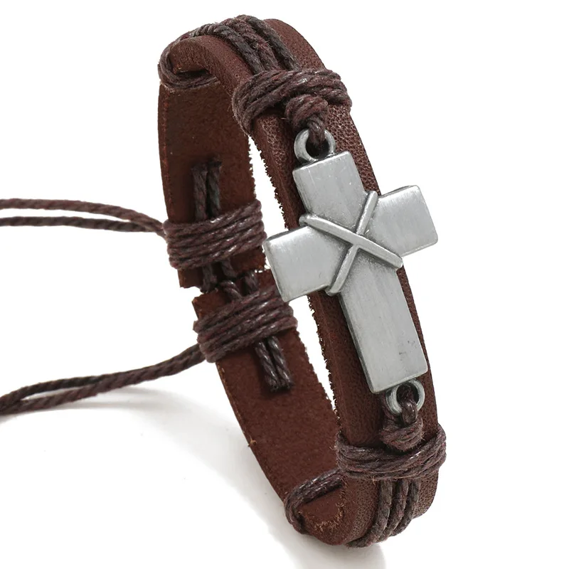 

Mens Ancient Cross Brown Vintage Leather Adjustable Bracelet for Men Jesus Christian Religious Men Jewelry