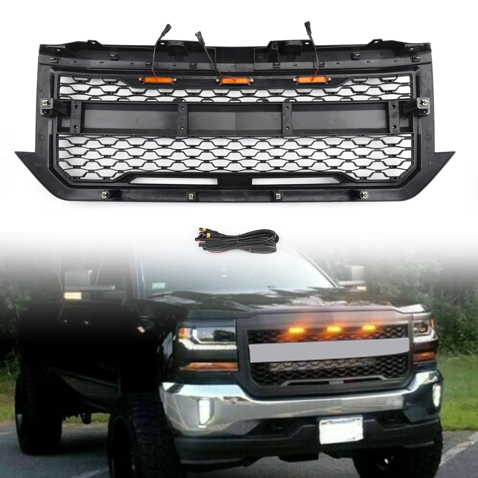 

Areyourshop LED Light Front Bumper Grill Grille Chevrolet Silverado 1500 2016 2017 2018 With Letter, Black