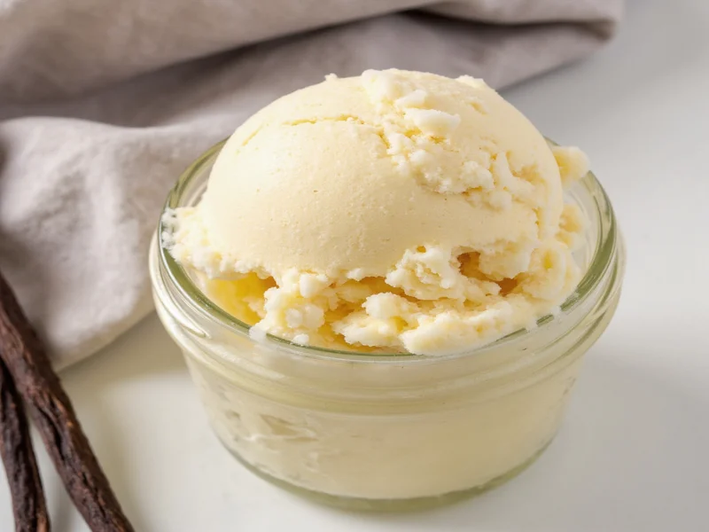 Homemade vanilla ice cream in mason jar with vanilla beans