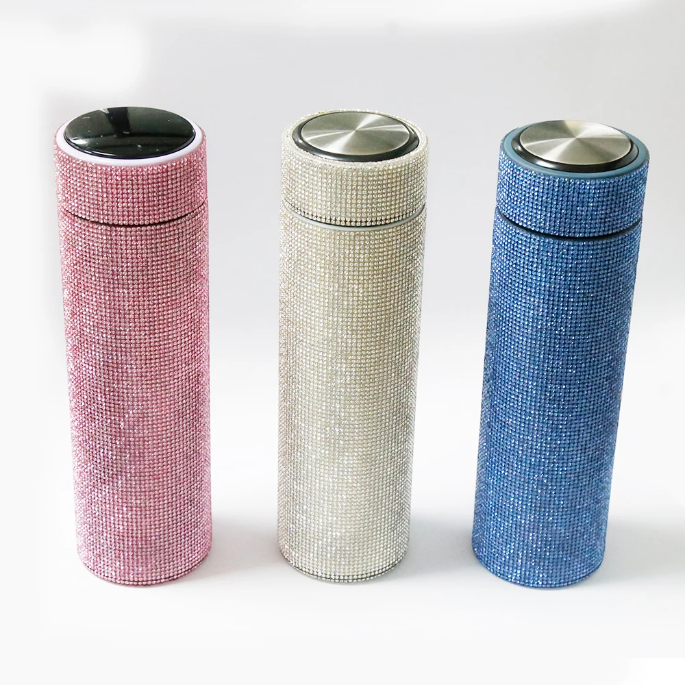 

500ml custom GEM luxury stainless steel led diamond insulated smart bling tumbler rhinestone water bottle, Accept customized color