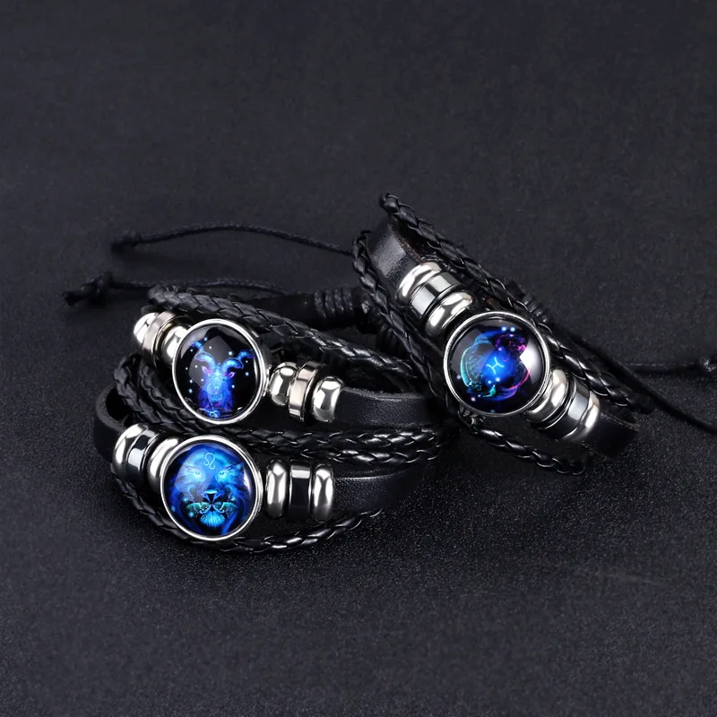 

Wholesale 12 Animal Signs Animal Charm Bracelet Luminous Black Braided Leather Bracelet For Men And Women