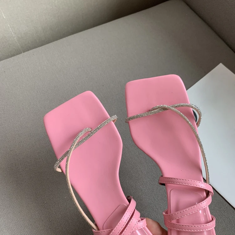 

New Summer Clip Toe Buckle Strap Women Sandals 2022 Crystal Diamond Narrow Band Thin Medium Heels Flip Flops Shoes