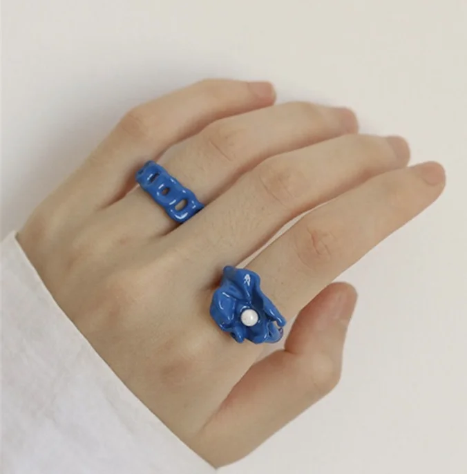 

wholesale 2021 korean drip oiled chunky geometric cuff rings ins best- selling open paint flower rings for girls jewelry, Colorful