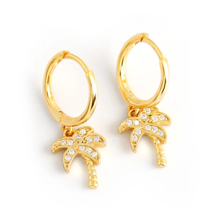 

Hawaiian women jewelry 2021 trendy CZ diamond cubic zircon 925 sterling silver coconut tree plant drop chunky hoop earrings