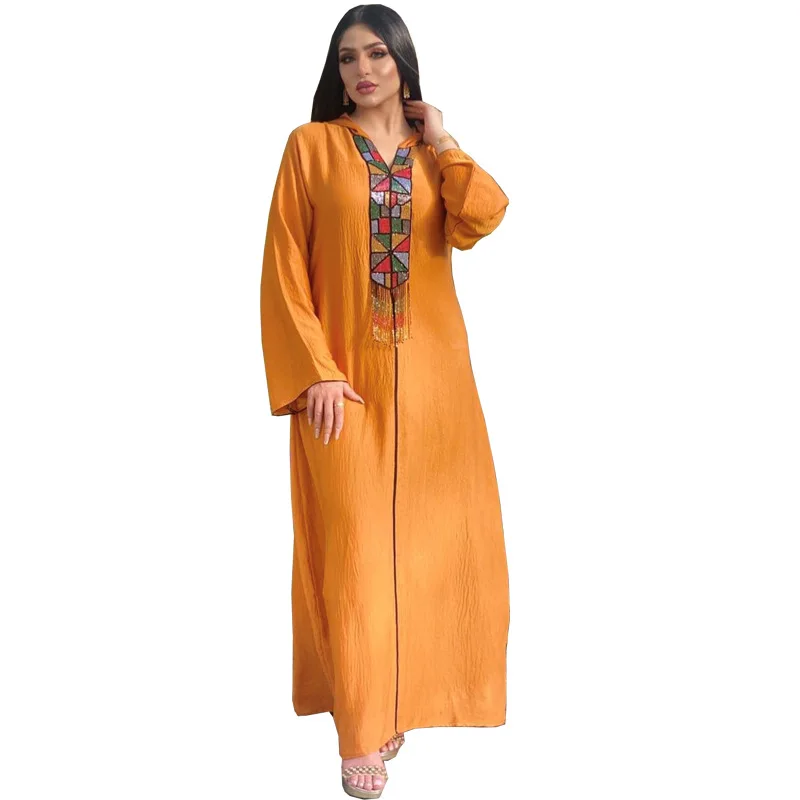 

Hooded Handmade Beaded dubai Dangle Jalabia maxi Casual Abaya Robe Islamic Evening Jilbab Kaftan Gown Muslim Women Maxi Dress, Customers' requirements