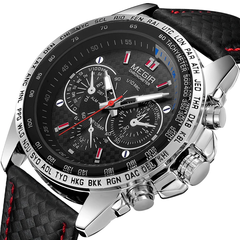 Megir 1010 new fashion sport 30M waterproof wrist quartz watches for man with black genuine leather strap