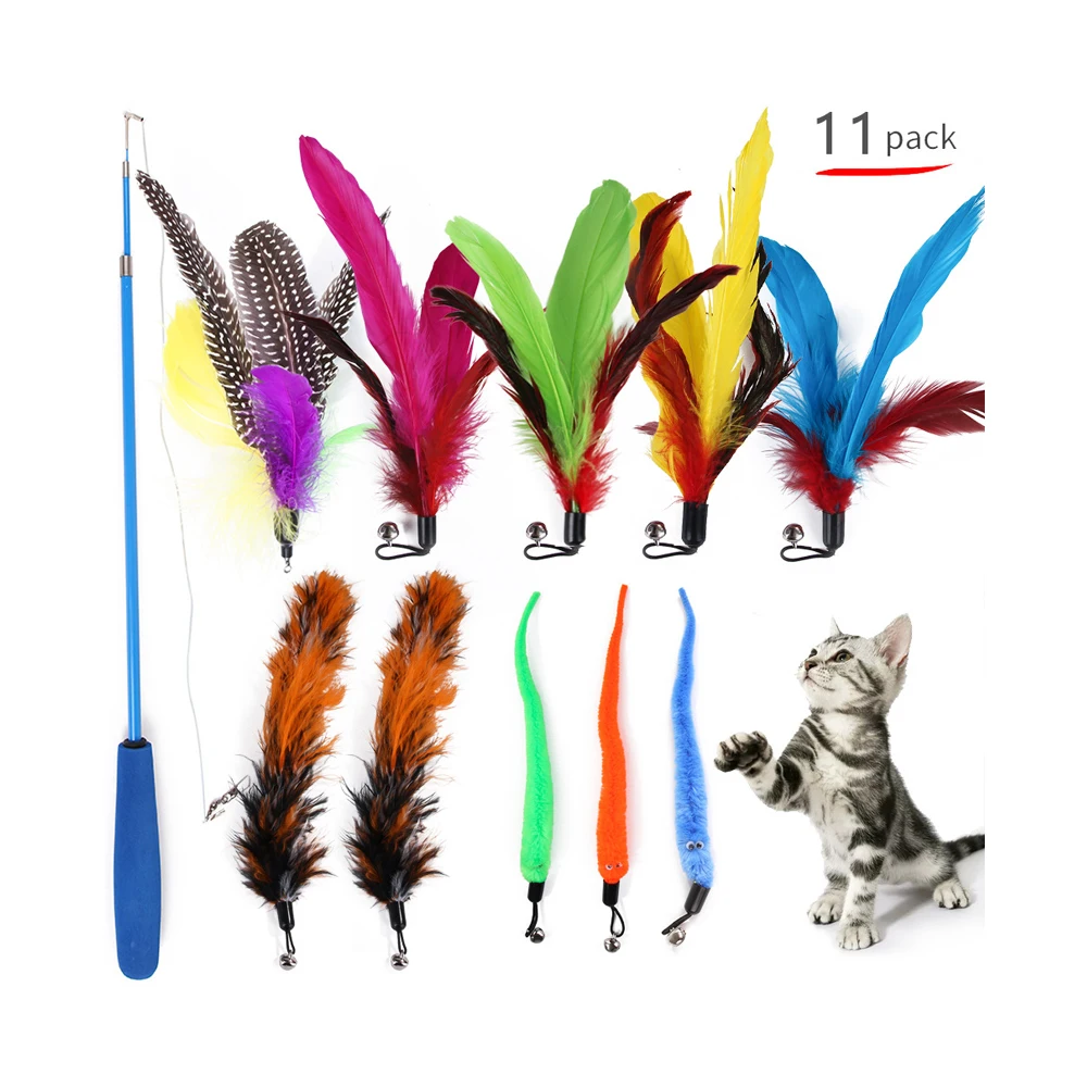 

11 pack Retractable and Replaceable Interactive Pet Cat Feather Toy Set Feather Cat Wand stick Wire Teaser Kitten Toy, Customized color