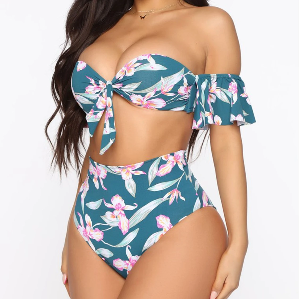 

One shoulder high waist swimsuit with sleeve digital printing swimsuit Tight Sexy oversize two piece women's swimsuit