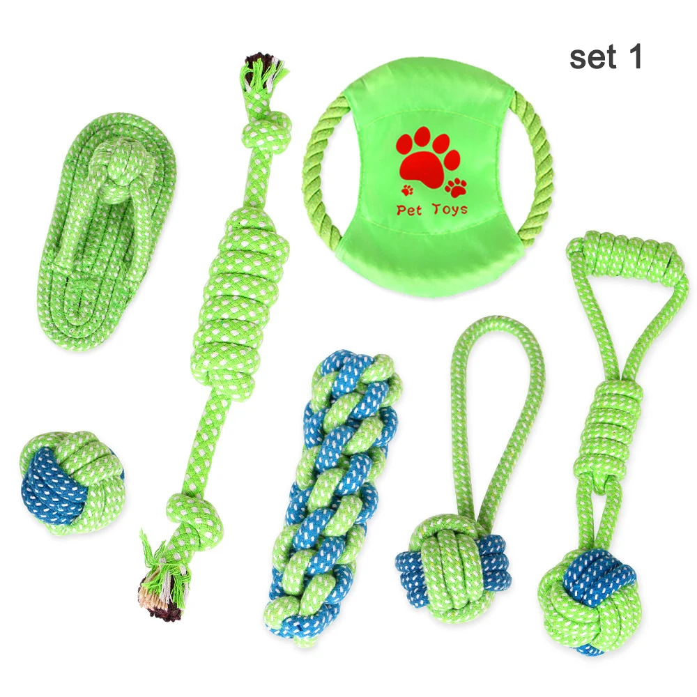 

7 pcs Manufacturer wholesale custom logo bite resistance green durable ball pet dog rope toys set