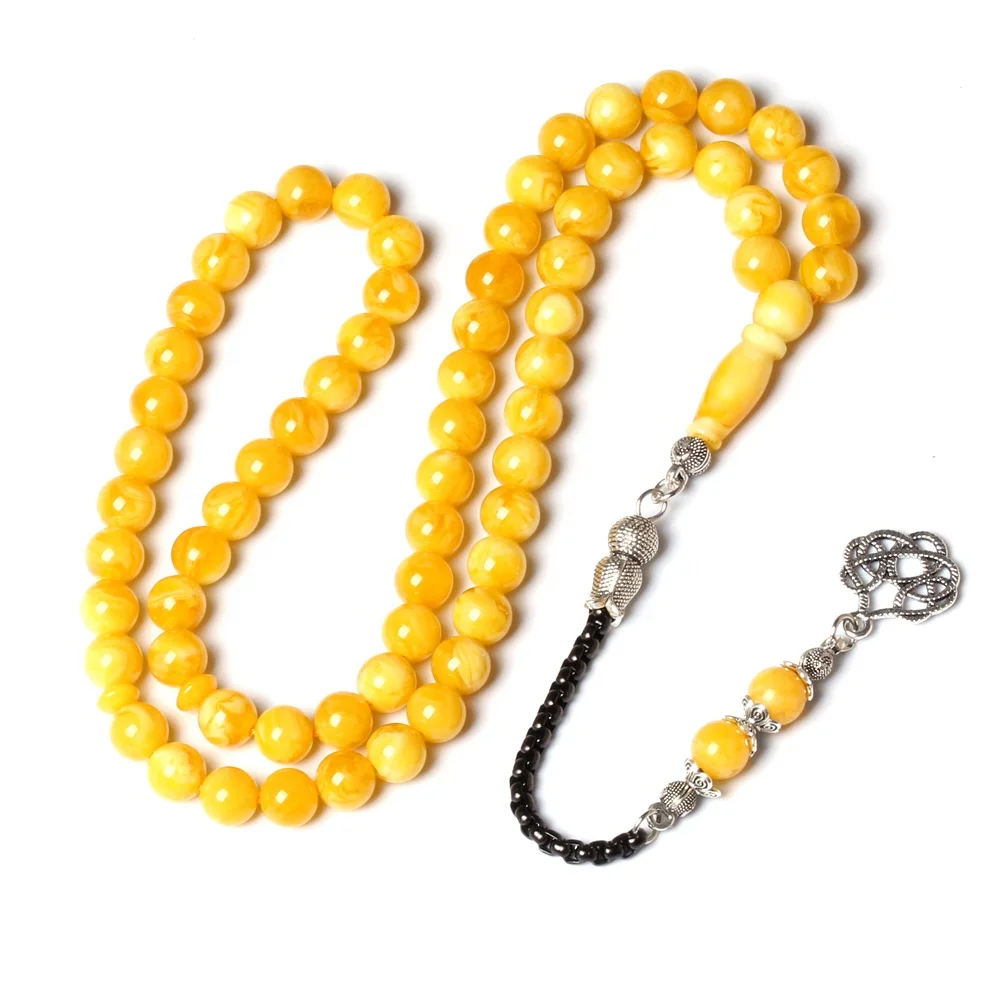 

Yellow resin Tasbih amber Color handmade prayer beads 8mm 66 Rosary Metal tassels Islam gift Muslim misbaha tesbih
