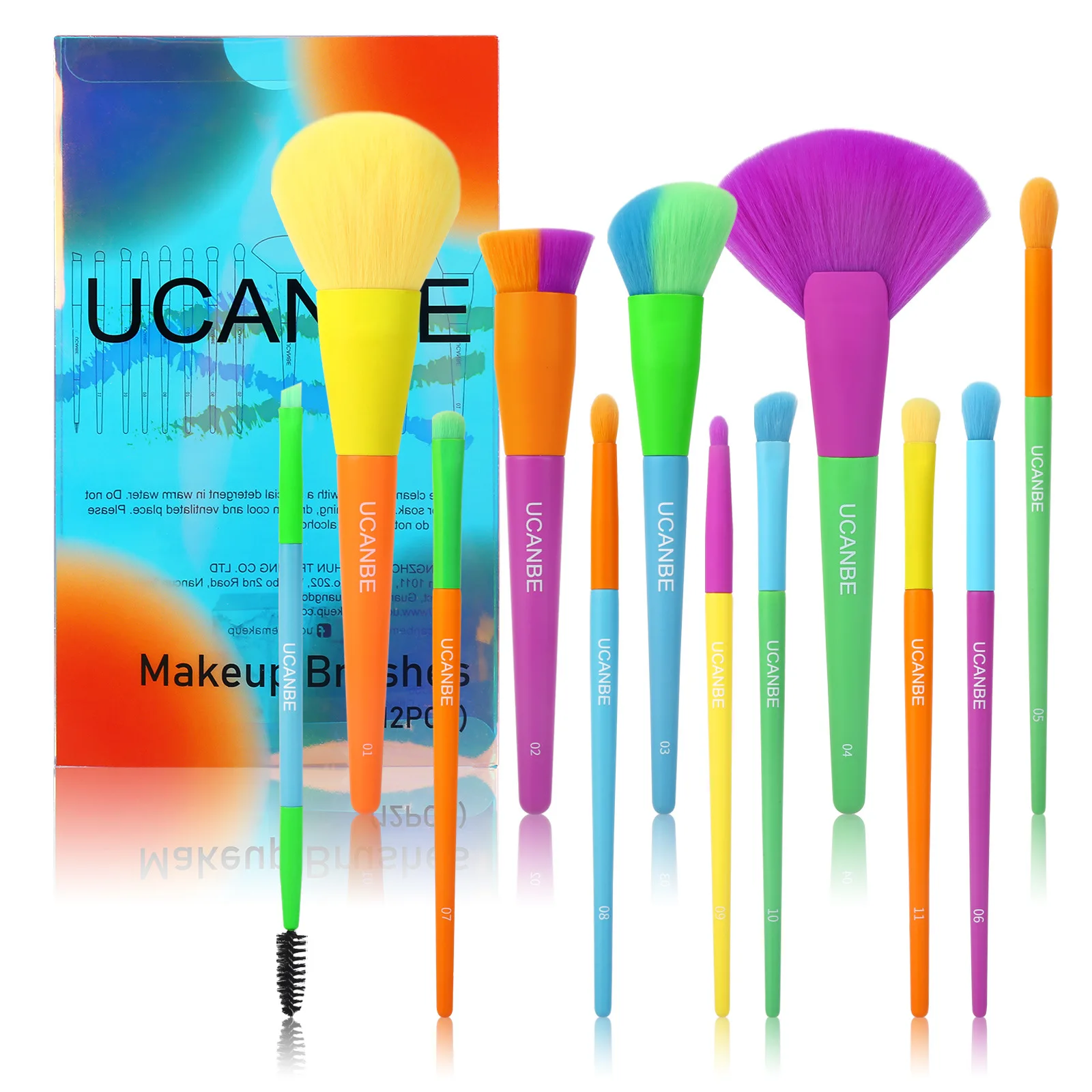 

UCANBE Makeup Brushes High Quality 12pcs Colorful Fluorescent Makeup Brush Set Wooden Handle Vegan Natural Cosmetics Tools, Picture color