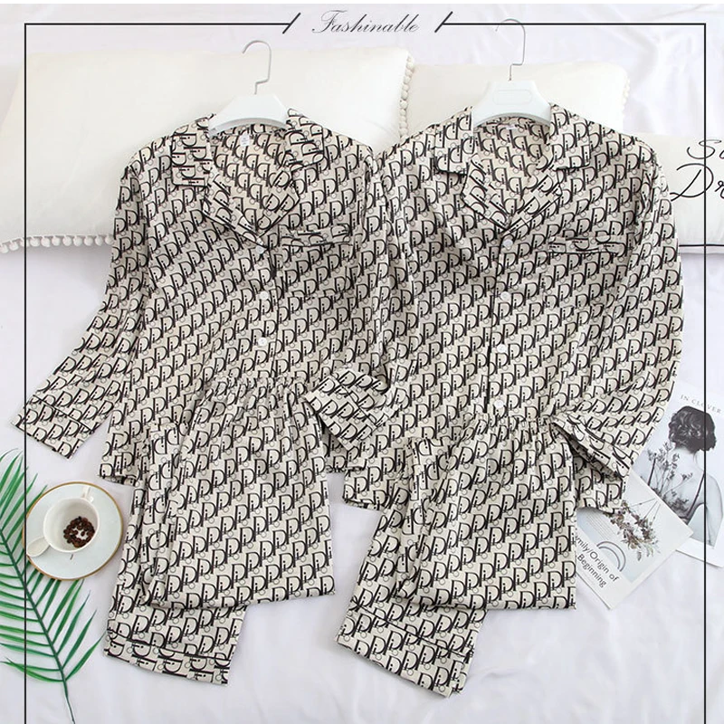 

Famous brand pajamas women's breathable sleepwear Two Pieces Letter Printed Silk Long Sleeve silk women's sleepwear set, Customized color