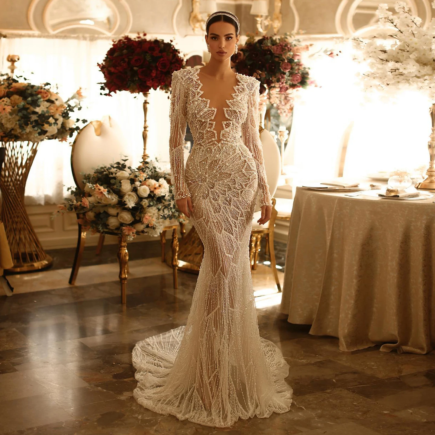 

Luxury Beige Mermaid Dubai Evening Dress 2024 For Women Wedding Long Sleeves Arabic Bridal Prom Party Gowns Sz459