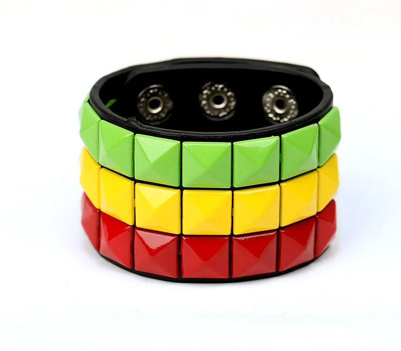 

Punk Rock Style Square Nail Metal Pyramid PU Leather Bracelet Personality Colorful Men Wide Leather bangle