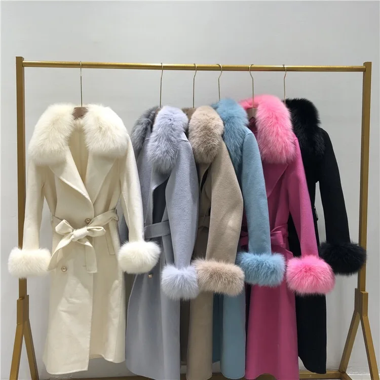 

New Design Cashmere Coat Winter Women Warm Fashion Belt Long Coat Real Fox Fur Wool Coat Women