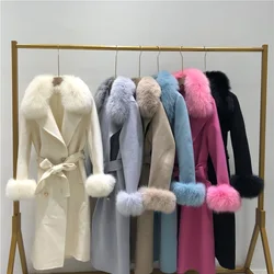 New Design Cashmere Coat Winter Women Warm Fashion Belt Long Coat Real Fox Fur Wool Coat Women