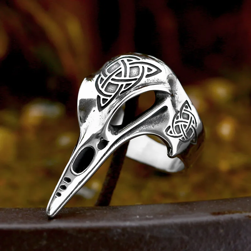 

SS8-1272R 2023 New Unique Design Stainless Steel Viking Skull Raven Ring Viking Celtic Knot Amulet Ring For Men Biker Jewelry