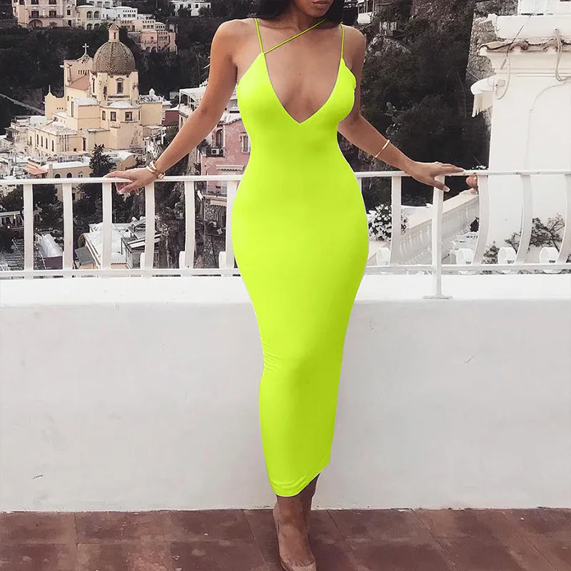 Wholesale summer prom trendy woman neon bodycon spaghetti strap deep v neck sexy long maxi dress for evening party