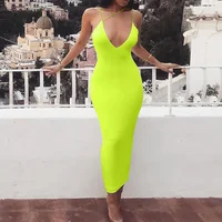 

Wholesale summer prom trendy woman neon bodycon spaghetti strap deep v neck sexy long maxi dress for evening party