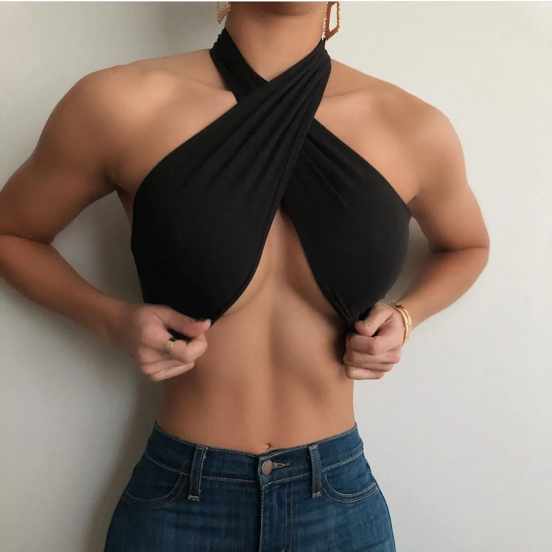 

2021 Wholesale new fashion sexy tops for women adjustable breast wrapping hollow out solid laced up top, As pictures