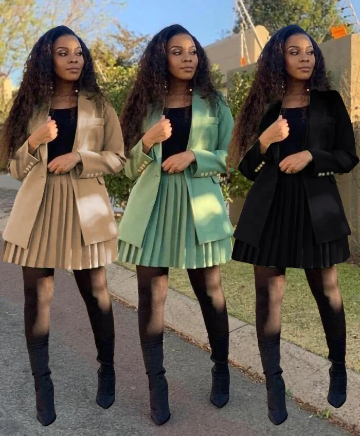 

B63867A Cross-border women's solid color double-breasted long-sleeve pleated skirt suit, Black/khaki/green