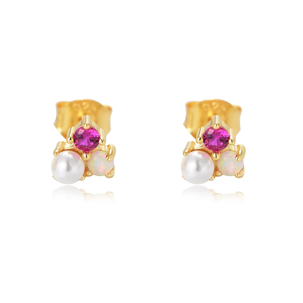 INS 925 silver pearl earring triangle shaped pearl opal zircon gold plated stud earrings for women fine jewelry earrings