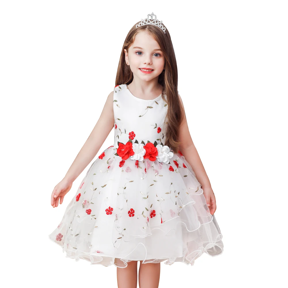 

Child pretty red round neck flower girls dresses for kids cotton multi-layered sleeveless girls birthday dresses 3-12 years old