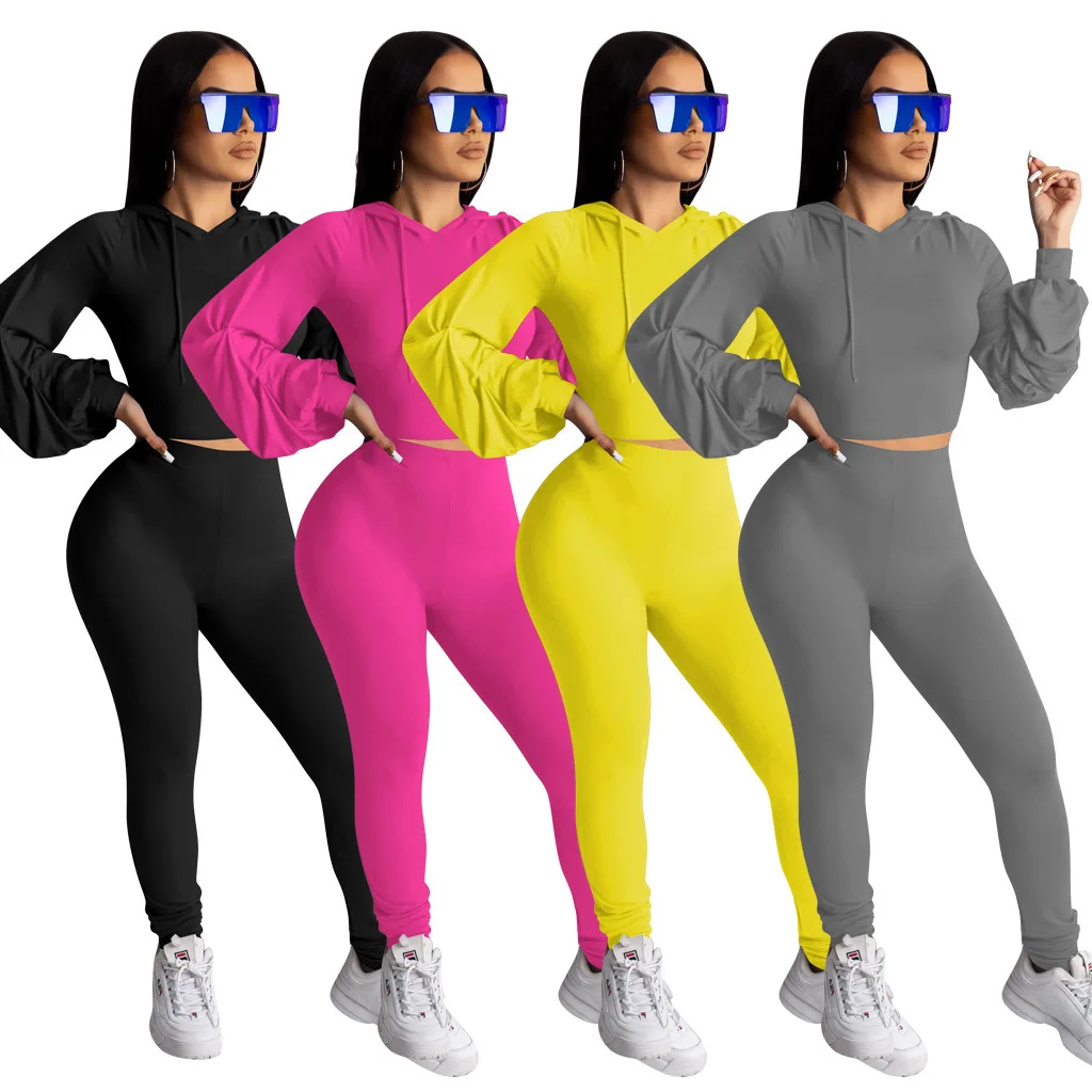 

Custom Women's Two Piece Tracksuit Set Long Bubble Sleeve Hooded Pullover Top And Sweatpants Sweatsuit Jogger Workout Set