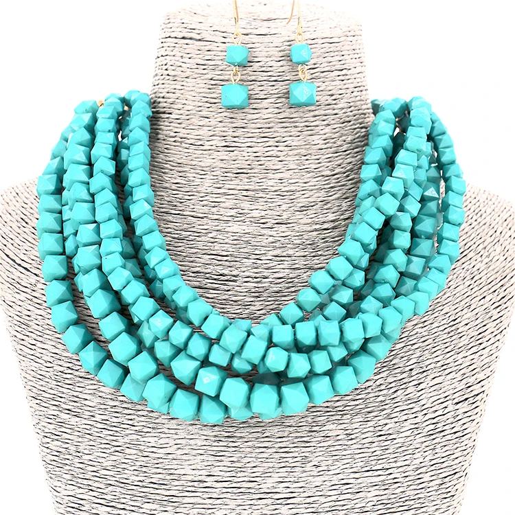 

Latest Design New Holiday Acrylic Cyan-blue Choker Small Multilayer Beaded choker necklace Sets For Gift