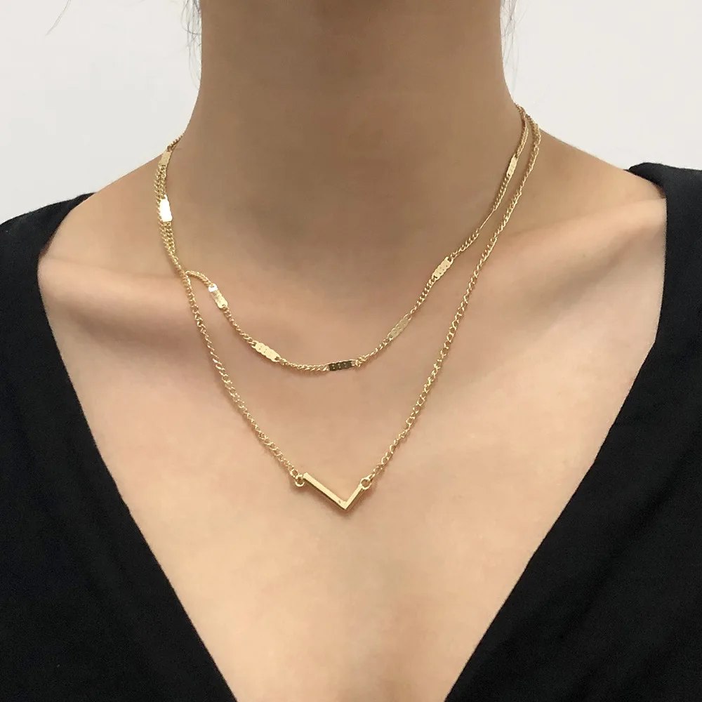 

Minimalist Style Letter Necklace 2 Layers Cuban Pendant Necklace Gold Long Women Choker Chain