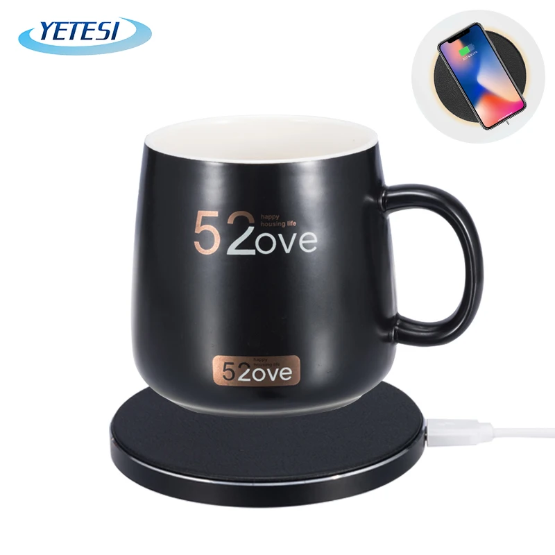 

New Smartwireless charging warm Mug thermostat cup 55 degree heating coaster creative mobile phone wireless charger, Black ,white