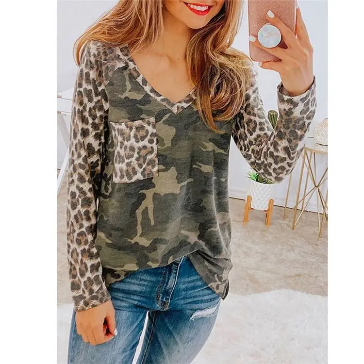 

High Quality Woman Clothes 2021 Trending Leopard Print Women Top Patchwork V-Neck Ladies Blouse With Pockets And Long Sleeve