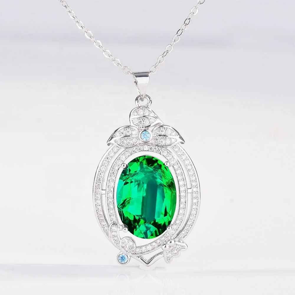 

New arrival women's luxury 18K platinum plated inlay oval emerald gemstone classic pendant necklace wedding accessories