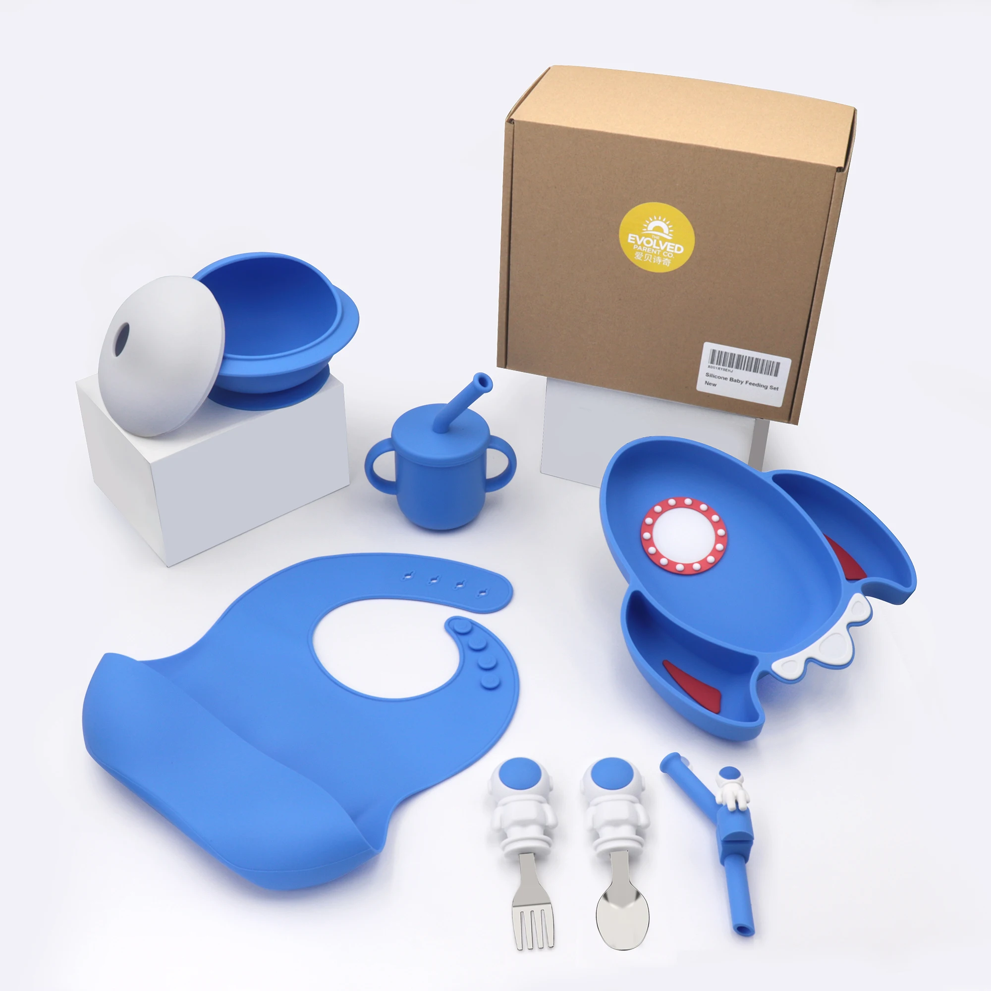 BPA-Free Silicone Kids Dining Tableware Set Astronaut Placemat with Spoon and Toddler Food Grade Bowl for Baby Feeding
