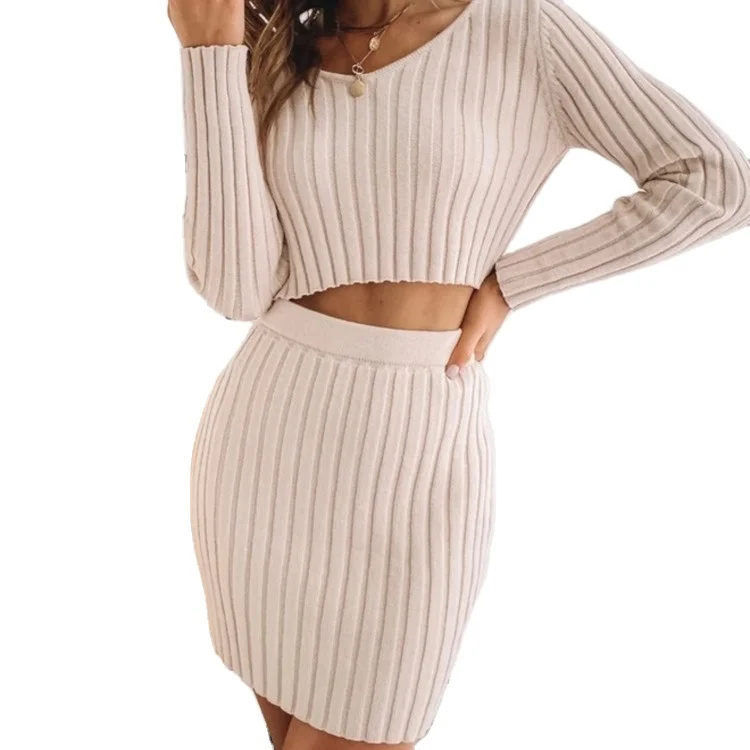 

B3713 2021 Knitted Two Piece Women Sets Dress Autumn Dresses Women Casual A-line Dress Vestidos