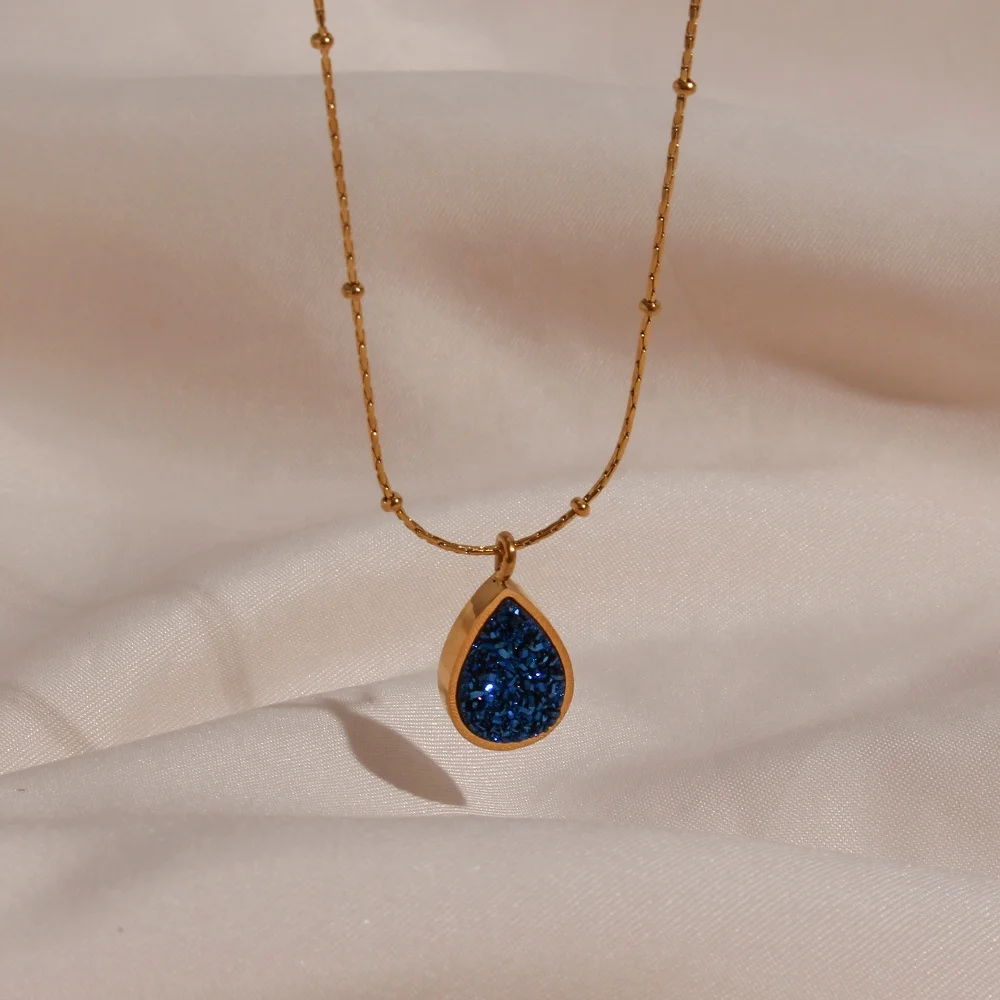 

Incredible Shining Sequins Starry Sky Blue Drop Pendant Beads Chain Stainless Steel Crystal Chip Necklace, Gold