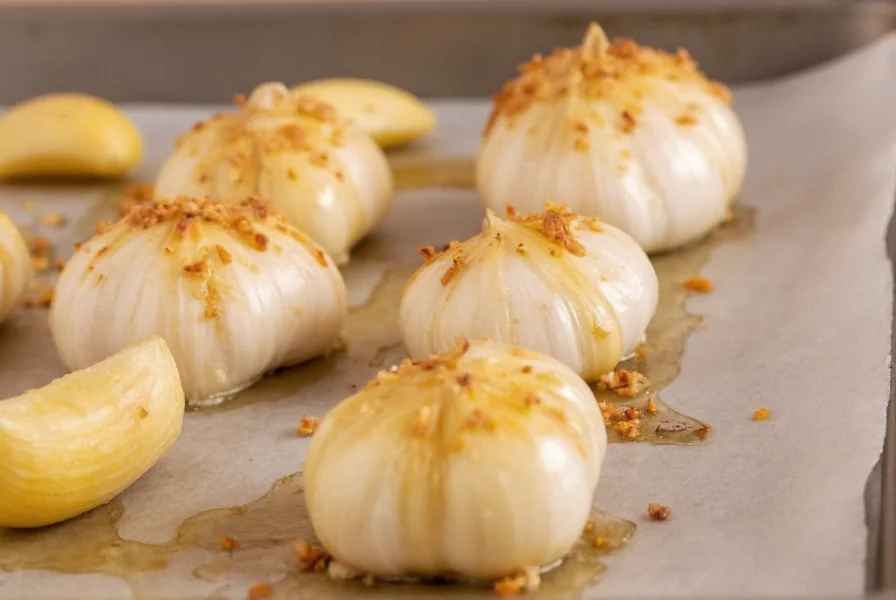 Close-up of a single peeled garlic clove drizzled with olive oil sitting on aluminum foil ready for oven roasting