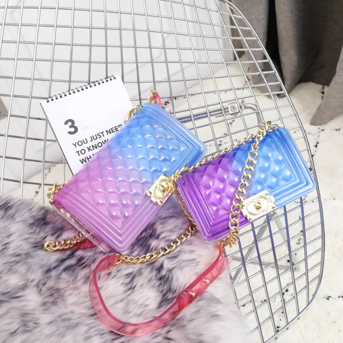 

2021 wholesale women fashion shoulder crossbody square pillow colorful rainbow pvc clear jelly bag