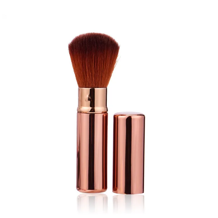 

cosmetic container dispensing refillable Gold metal retractable makeup powder brush with synthetic hair, Customized color