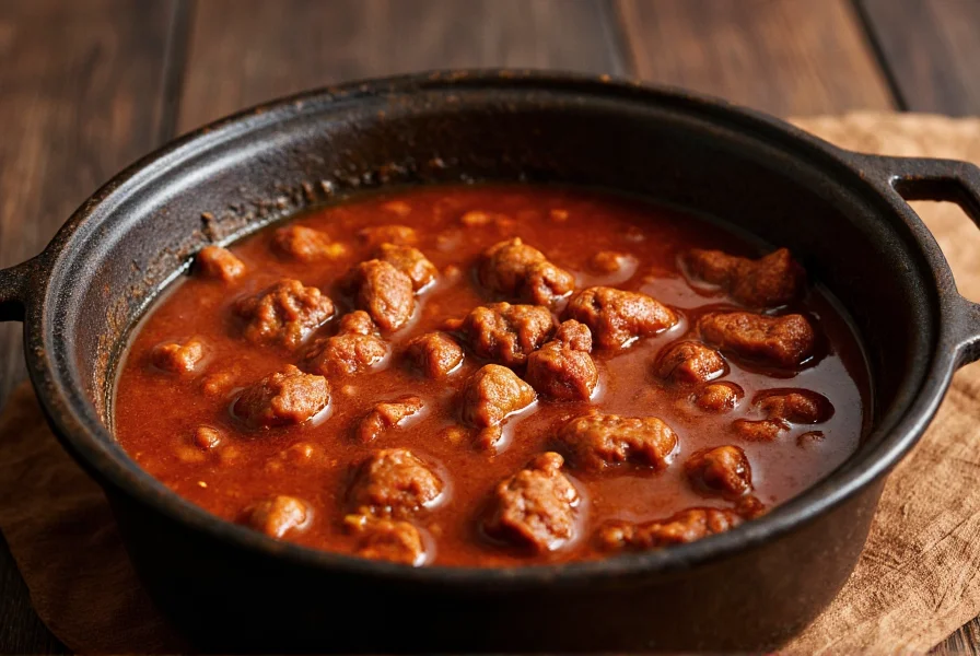 Traditional cast iron pot simmering authentic Texas chili with chunks of beef and dark red broth