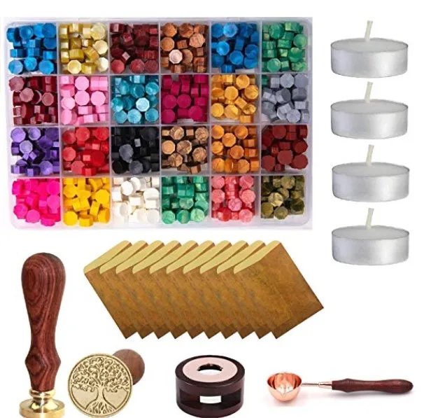 600 Pieces Octagon Sealing Wax Beads Packed in Plastic Box with 1PC Wooden Handle Wax Melting Spoon and 2PCS Tea Candles Sealing Wax Mix 24 Colors