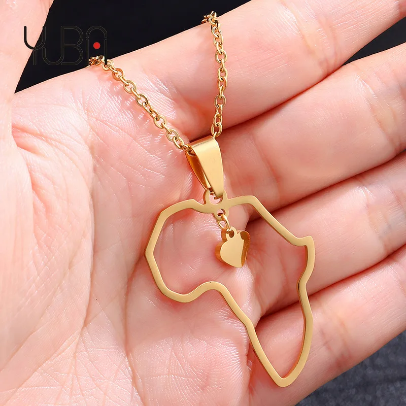 

personalized Men Women Jewelry Custom Cross Heart Stainless Steel African Queen 18k Gold Plated Africa Map Pendant Necklace