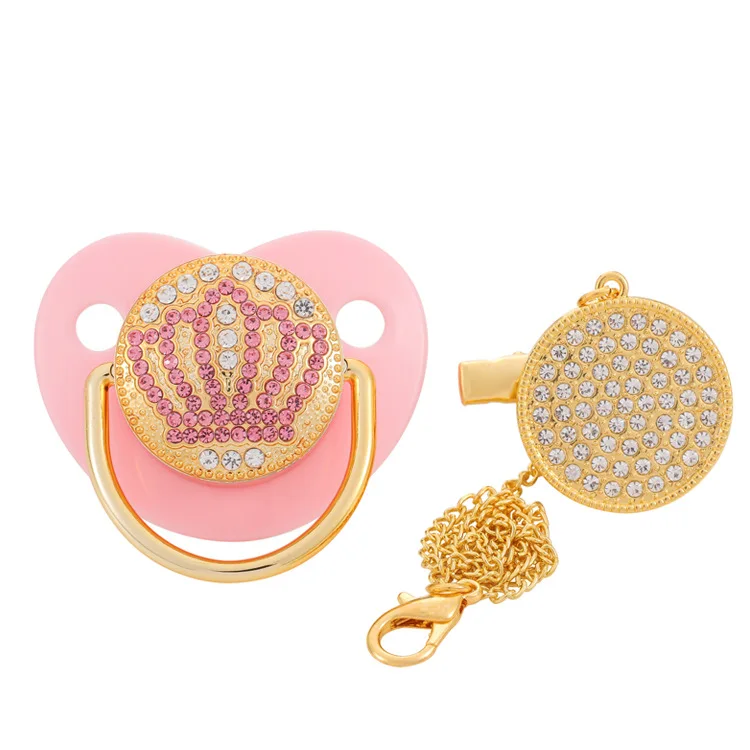 

5 Colors Golden Bling Baby Pacifier BPA Free Silicone Infant Rhinestone Nipple Soother with Pacifier Clip Chain, Gold