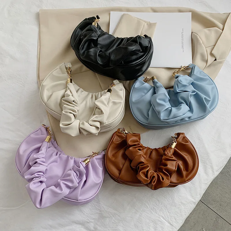 

2021 New Fashion Elegant Casual Women Handbags Solid Color Cloud Small Bags Female Pleated Shoulder Underarm Bags, Picture color