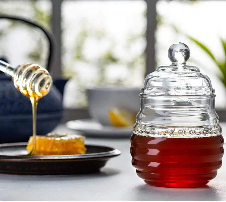 PAWACA 3pcs Beehive Crystal Honey Jar cucchiaio e mestolo Classic,Windsor vasetti in vetro,vaso di miele Miele vaso,barattolo per marmellata con mestolo e coperchio copertura Honey Bee Glass Beverage 